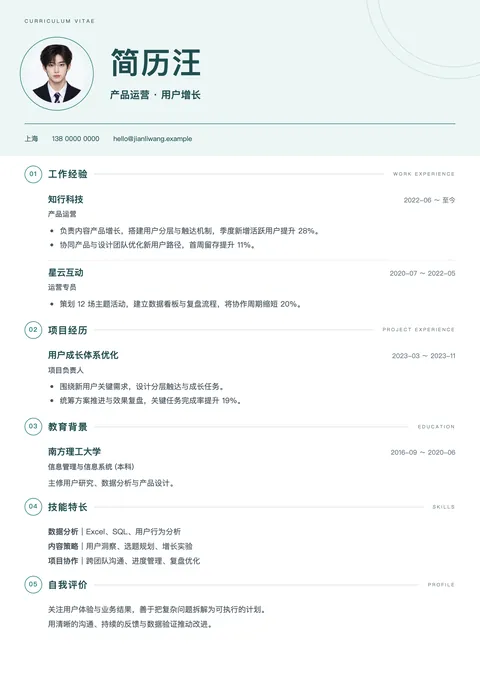 墨青环线简历模板，彩色照片